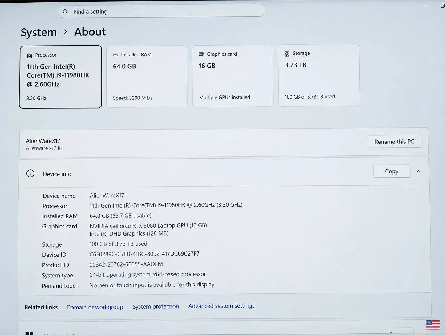 Especificaciones del sistema de la Alienware x17 R1